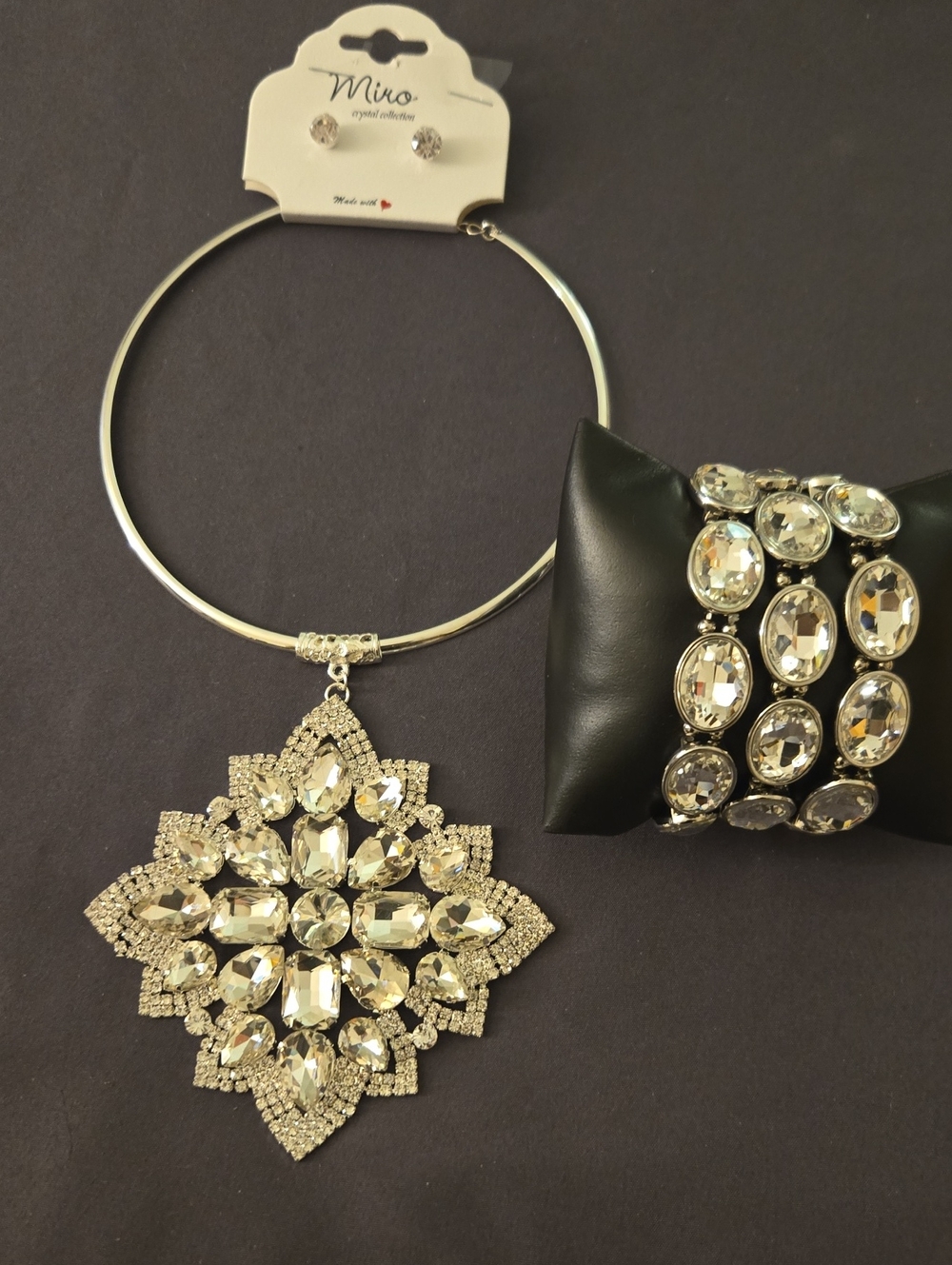 IRO Silver Crystal Floral Medallion Necklace with Matching Crystal Bracelet